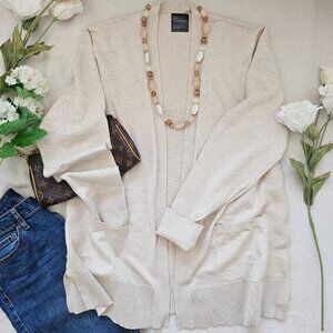 Madison Oatmeal Open Front Knit Cardigan Cozy Sweater Pockets Size L